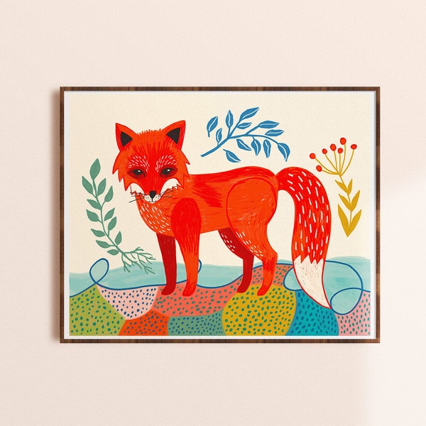 Fox Art, Colorful Nursery Print, Kids Room Decor, Woodland Animal Wall Art, Bright Art Prints, Whimsical Wall Art, Fox Art Print, Kids Gift