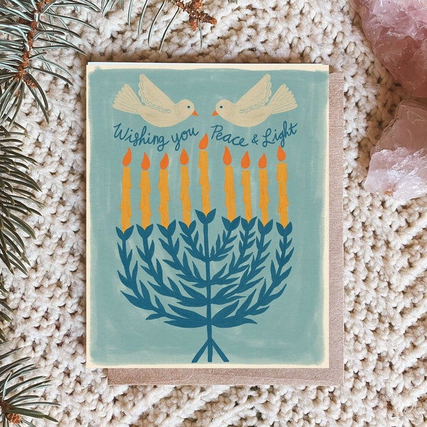 Hanukkah Greeting Card, Wishing You Peace and Light, Hanukkah Menorah Card, Holiday Card Set, Happy Hanukkah Notecards, Jewish Holiday Gift