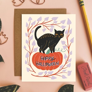Happy Halloween Card, Black Cat on Pumpkin Card, Blank Halloween Card, Animal Notecard, Spooky Season Card, Cute Halloween Greeting Card