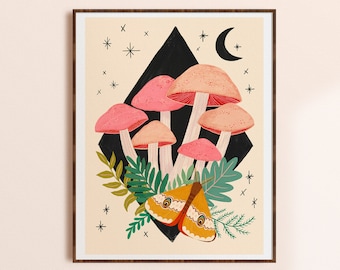 Mushroom Art Print, Colorful Boho Artwork, Mushroom Wall Decor, Whimsical Wall Art, Nature Home Decor, Living Room Art Print, Mycology Gift