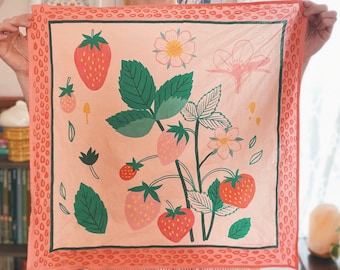 Bandana alla fragola, sciarpa per capelli Cottage Core, bandana in cotone da donna, sciarpa al collo alla frutta, fazzoletto quadrato, graziosa sciarpa da trekking, regalo per gli amici