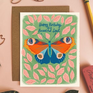 Feliz aniversário para uma linda alma, cartão de borboleta, cartão de felicitações ilustrado à mão, papelaria fofa, cartão de insetos, interior em branco