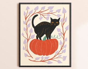 Black Cat Wall Art, Halloween Decor, Witchy Art, Fall Home Decor, Autumn Wall Art, Cat and Pumpkin Art, Halloween Artwork