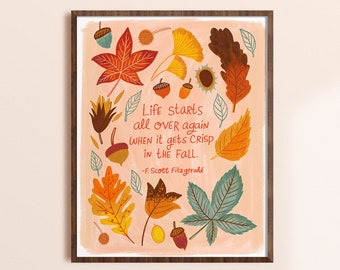 Fall Leaves Art Print, F. Scott Fitzgerald Quote, Autumn Wall Decor, Boho Wall Art, Fall Botanical Print, Cozy Home Decor, Whimsical Artwork