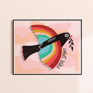 Whimsical Art, Girls Room Art, Colorful Nursery Wall Art, Folk Bird Print, Rainbow Decor, Baby Nursery Art Print, Inspirational Kids Gift image 1