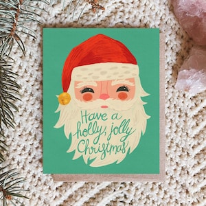 Retro Santa Clause Card, Cute Christmas Card Pack, Holly Jolly Christmas, Vintage Inspired Greeting Card, Holiday Notecard Set, Xmas Card image 1