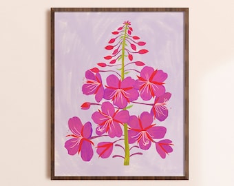 May include: A framed illustration of a pink flower with a green stem on a light purple background.