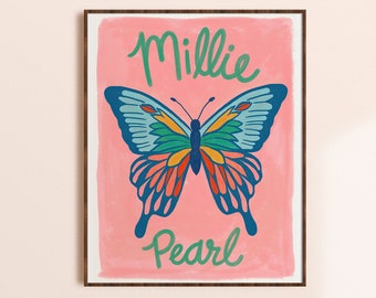 Butterfly Name Art, Personalized Gift for Kids, Colorful Wall Art, Girls Room Decor, Nature Artwork, Fine Art Prints, Baby Nursery Art