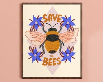 Save the Bees Art, Pollinator Wall Art, Honey Bee Fine Art Print, Nature Wall Art, Colorful Insect Prints, Gift for Beekeeper, Kids Room Art