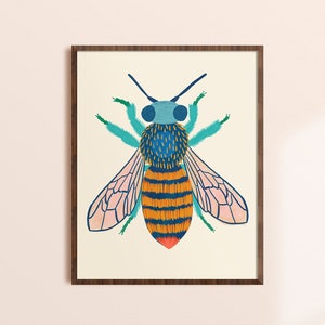 Bee Wall Art, Colorful Bug Wall Print, Boy Nursery Room Art, Entomology Artwork, Nature Home Decor, Kids Boho Wall Art, Whimsical Insect Art