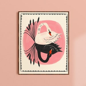 Zwaankunstprint, kunst aan de muur vogel, decor meisjeskamer, kinderkamer kunst aan de muur, grillige muurkunst, woonkamer prints, zwarte zwaan print, vogel kunstprint