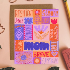 Carte de fête des mères heureuse, carte de voeux bien pensée pour maman, carte de voeux inspirante, carte de correspondance vierge, carte unique, illustration à la main