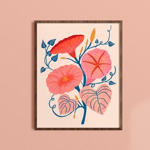 Boho Floral Prints, Morning Glory Art, Nature Wall Decor, Botanical Wall Art, Flower Illustration, Kids Bedroom Decor, Cottagecore Artwork
