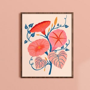 Morning Glory Art, Boho Floral Prints, Nature Wall Decor, Botanical Wall Art, Flower Illustration, Kids Bedroom Decor, Cottagecore Artwork