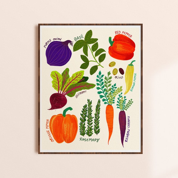 Vegetable Art, Colorful Kitchen Wall Art, Bright Art Print, Vegetable Garden Art, Food Illustration, Veggie Artwork, Midcentury Kitchen Art