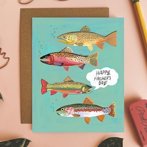 Happy Father's Day Card, vissen papa cadeau, blanco binnenkant notitiekaart, kaarten voor papa, forel kunst, vliegvissen minnaar, handgetekende wenskaarten