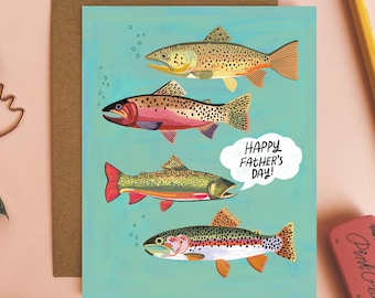 Carte de fête des pères heureuse, cadeau de papa pêcheur, carte de correspondance vierge à l'intérieur, cartes pour papa, oeuvre d'art pour la truite, amateur de pêche à la mouche, cartes de voeux dessinées à la main