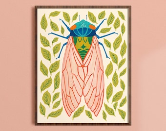 Cicada Wall Art, Colorful Bug Print, Boy Nursery Room Art, Insect Poster, Nature Home Decor, Kids Boho Artwork, Gender Neutral Baby Gift