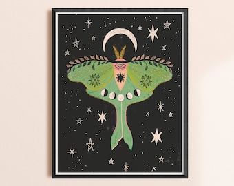 Luna Moth Art, Moon Phases Wall Art, Celestial Decor, Witchy Gift, Dark Cottagecore Aesthetic, Insect Artwork, Nature Wall Art, Night Stars