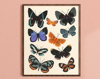 Puede incluir: Una impresión enmarcada que presenta una colección de mariposas coloridas con intrincados patrones y diseños. Las mariposas están dispuestas en un patrón simétrico sobre un fondo crema.