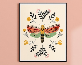Folk Art Moth Print | Archival Print | Insect Wall Art
