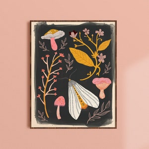 Moth Art Print, Mushroom Art, Insect Print, Fall Decor, Kid Room Art, Nature Illustration, Floral Wall Art, Boho Wall Decor, Botanical Print