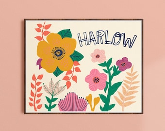 Personalized Name Art, Gifts for Kids, Floral Nursery Decor, Girls Room Decor, Colorful Wall Art, Flower Name Art Print, Custom Baby Gift