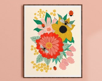 Whimsical Art, Nature Wall Art, Bee Art Print, Flower Garden Print, Floral Home Decor, Gift for Her, Colorful Art Print, Insect Illustration