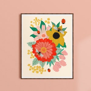 Bumble Bees and Flower Art, Pollinator Garden Art, Floral Wall Art, Mom Gift, Colorful Office Decor, Kids Botanical Art Print, Bug Nursery