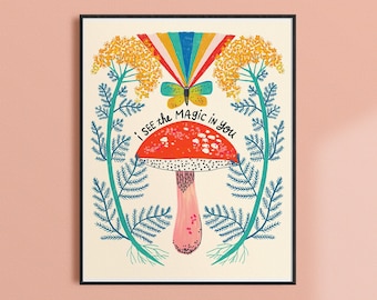 Colorful Mushroom Wall Art, Whimsical Playroom Decor, Neurodiversity Poster, Uplifting Kids Art Print, Magic In You Print, Best Friend Gift