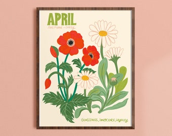 April Birth Month Flower, Baby Name and Birth Date Gift, Birthday Present for Friend, Floral Wall Art, Kids Room Print, Flower Meanings