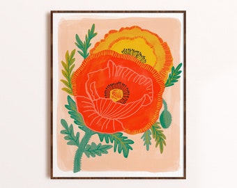 Coquelicot, art mural fleurs, coquelicot de Californie, impression d'art floral audacieux, décoration colorée de chambre d'enfant, cadeau pour elle, illustration botanique