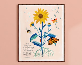 Sunflower Art Print, Positive Quote Wall Art, Flower Illustration, Botanical Art, Wildflower Print, Gift for Her, Nature Lover Gift Women