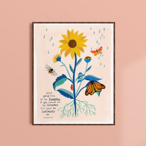 Sunflower Art Print, Positive Quote Wall Art, Flower Illustration, Botanical Art, Wildflower Print, Gift for Her, Nature Lover Gift Women