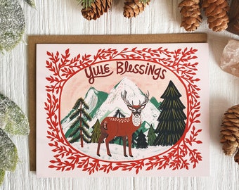 Yule Card, Yule Blessings Greeting Card, Winter Solstice Deer Folk Art Card
