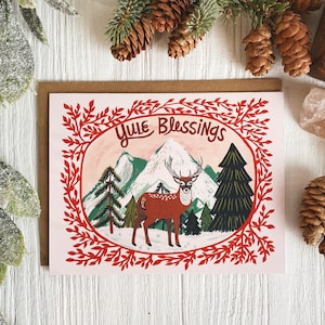 Yule Card Set, Holiday Cards, Blank Greeting Card with Envelope, Yuletide Card Set, Mountain Deer Art, Illustrated Notecard, Winter Solstice