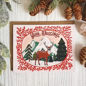 Conjunto de cartões de Natal, cartões de Natal, cartão de felicitações em branco com envelope, conjunto de cartões de Natal, arte de veado da montanha, cartão ilustrado, solstício de inverno