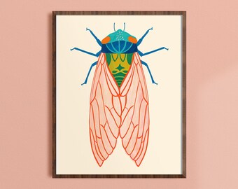 Cicada Wall Art, Colorful Bug Print, Boy Nursery Room Art, Insect Poster, Nature Home Decor, Kids Boho Artwork, Gender Neutral Baby Gift