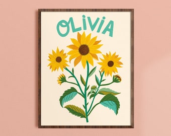 Sunflower Name Art, Personalized Gifts for Kids, Colorful Floral Wall Art, Girl Nursery Decor, Nature Artwork, Fine Art Prints, Baby Present