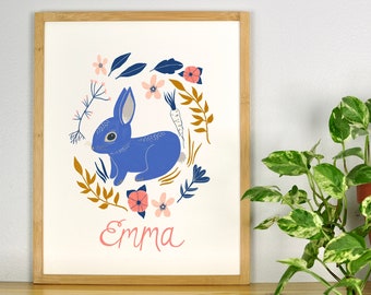 Kinder Name Wandbild, Hase Kinderzimmer Dekor, personalisierte Baby Geschenk, Wald Kunst, niedlichen Kaninchen Kunstdruck, wunderliche Tier Kunstwerk, Neugeborenen Geschenk