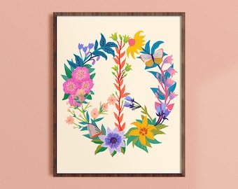 Signo de paz floral, arte de pared hippie, símbolo de paz, arte de pared boho, decoración colorida de oficina, obras de arte de dormitorio, impresiones de arte de sala de estar, regalo de amigo