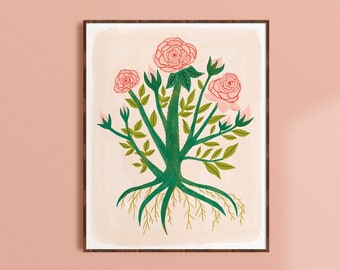May include: A digital illustration of a pink rose bush with green leaves and roots. The rose bush is on a light pink background.