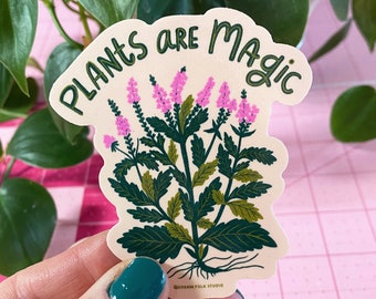 Plants are Magic Sticker, Verbena Flower Decal, Vervain Sticker, Witchy Gift, Floral Laptop Decal, Kindle Decorations, Water Bottle Decal