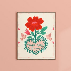 Valentine&#39;s Gift for Partner, Couples Names Gift, Personalized Wedding Art Print, Gift for Wife, Anniversary Gift for Her, Folk Art Flowers