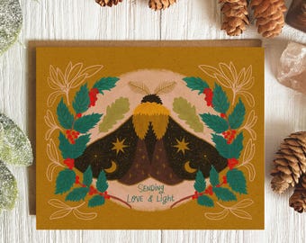 Yule Card, Winter Solstice Card, Celestial Moth Holiday Greeting, Love and Light Card