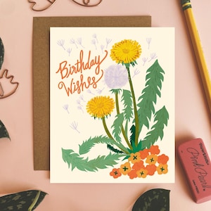 Birthday Wishes Card, Dandelion Notecard, Birthday Card for Friend, Illustrated Greeting Card, Blank Card with Envelope, Flower Stationery