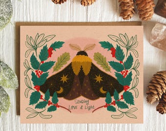 Magical Moth Yule Card | Witchy Christmas Greeting for Nature and Moon Lovers | Hand Drawn