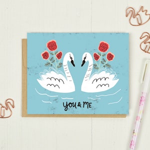 Swan Card, You and Me Card, Wedding Anniversary Card, Love Greeting Card, Card for Wife, Bird Card, Girlfriend Card, I Love You Card, Roses