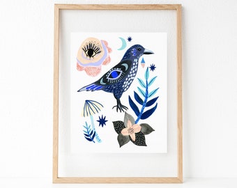 Crow Wall Art, Bird Illustration, Gift for Her, Nature Wall Art, Boho Nursery Decor, Raven Art Print, Animal Artwork, Bedroom Wall Art Print