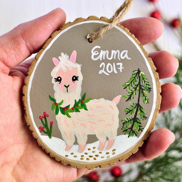 Alpaca Ornament, Name Ornament, Unique Baby Girl Gifts, Wooden Ornament, Llama Art, Custom Painted Ornaments for kids, Heirloom Ornament